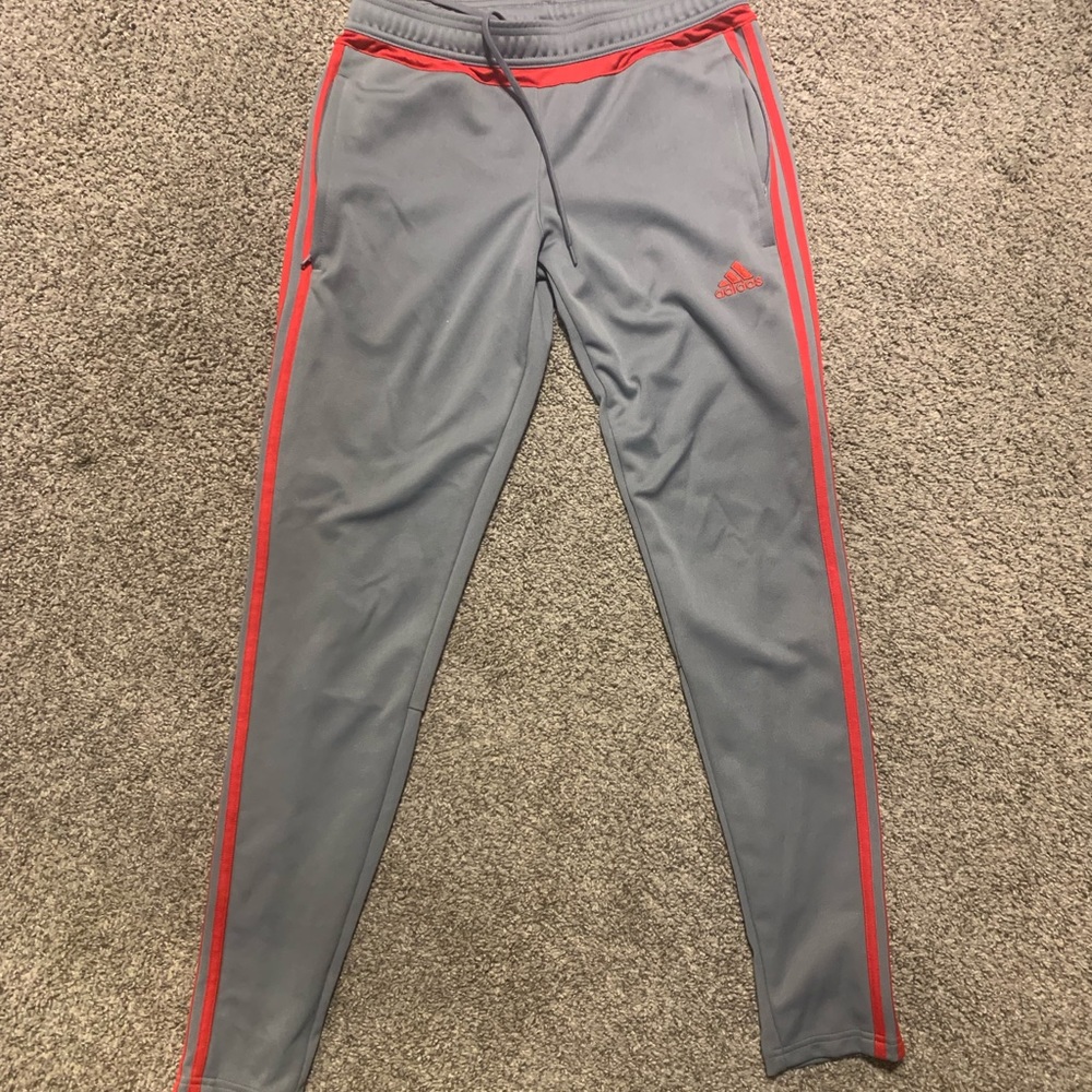 New grey and red adidas joggers